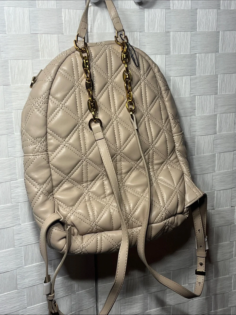 Zara Quilted Taupe Backpack with Gold Chain Accents Eye Catching